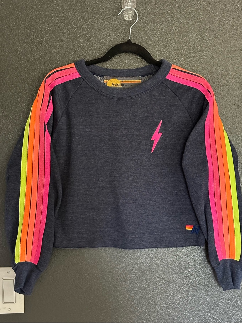 Aviator Nation Bolt Cropped Classic Crewneck Heather Navy Neon Rainbow Stripe - Picture 4 of 8